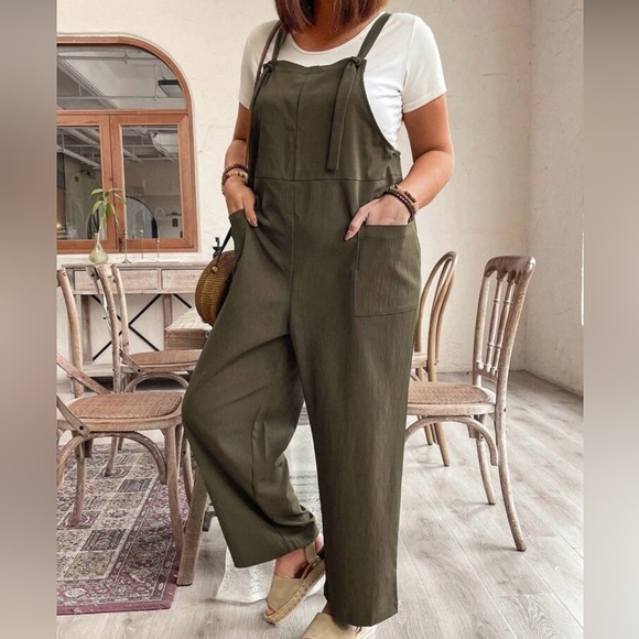Boho Plus Size Pockets Straps Knot Wide Leg Jumpsuit - Picture 3 of 14